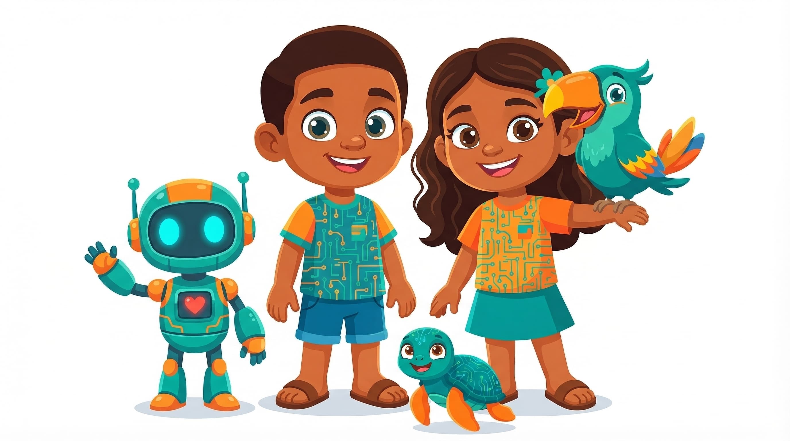 Todo el equipo de Latinito: Chipito, Latinito, Tortu, Latinita y Pico